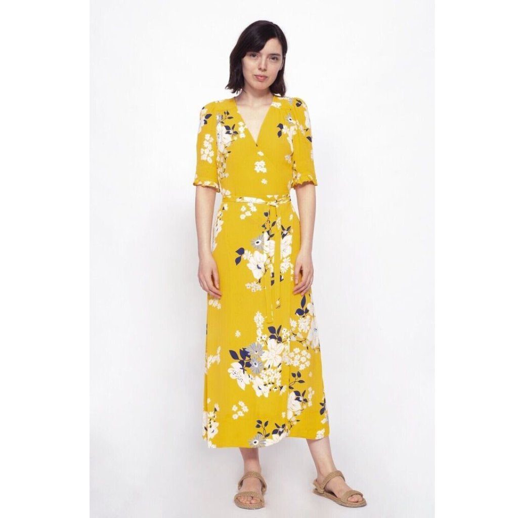 Sea New York Pia Midi Dress Floral Printed Wrap Ruffle Hawaiian Yellow S
